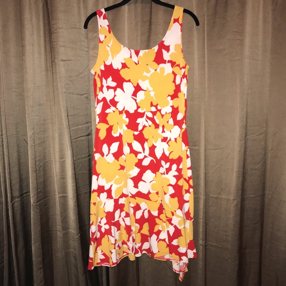 Red and yellow floral flowy dress